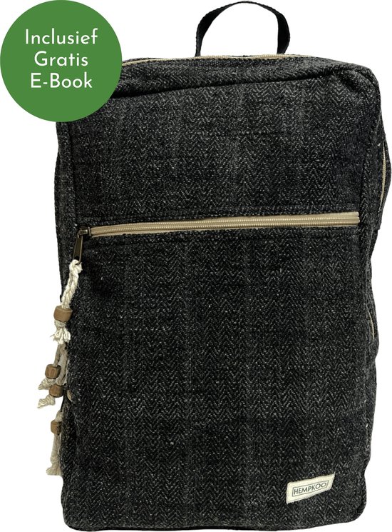 HEMPKOO Mustang - Sac à dos pour ordinateur portable 15 6 pouces - Sac à dos pour femmes et hommes - Sac à dos pour filles et garçons - Sac à dos durable fabriqué à la main en fibres de chanvre au Népal - Noir