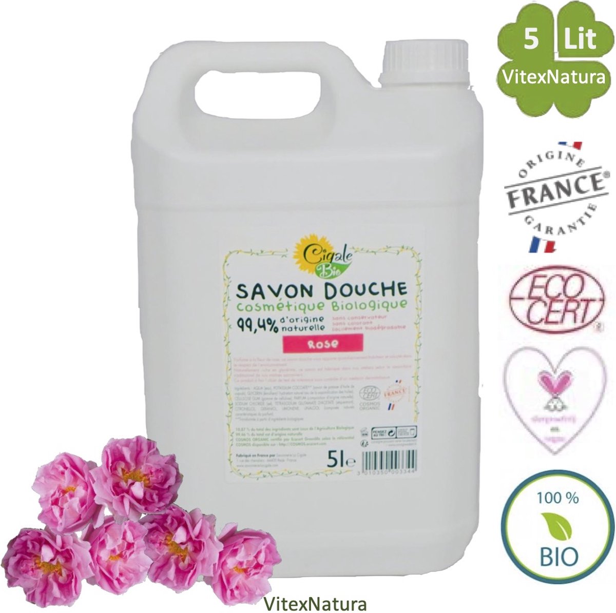 Goedkoopste Biologische rozen bloemen douchegel 5000ml. Zonder conserveermiddel Zonder kleur. Cigale Bio AKTIE voordeel fles.