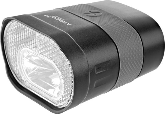 Zwarte fietslamp met grijze grip, getextureerde band en heldere lens.