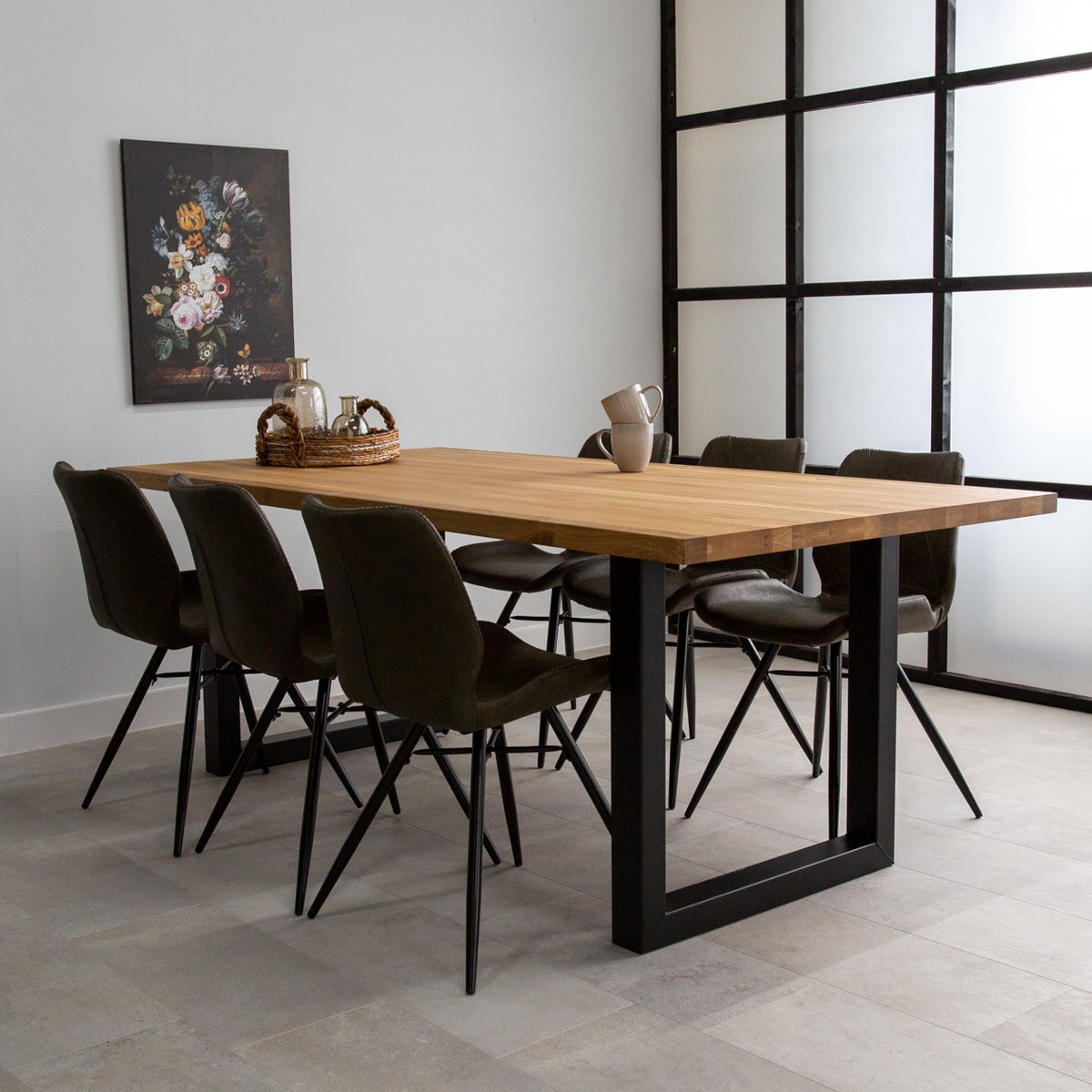 Dimehouse Industriële Eettafel Eikenhout U-poot Zwart Rover 200 x 100 x 4 cm - Eikenhout -