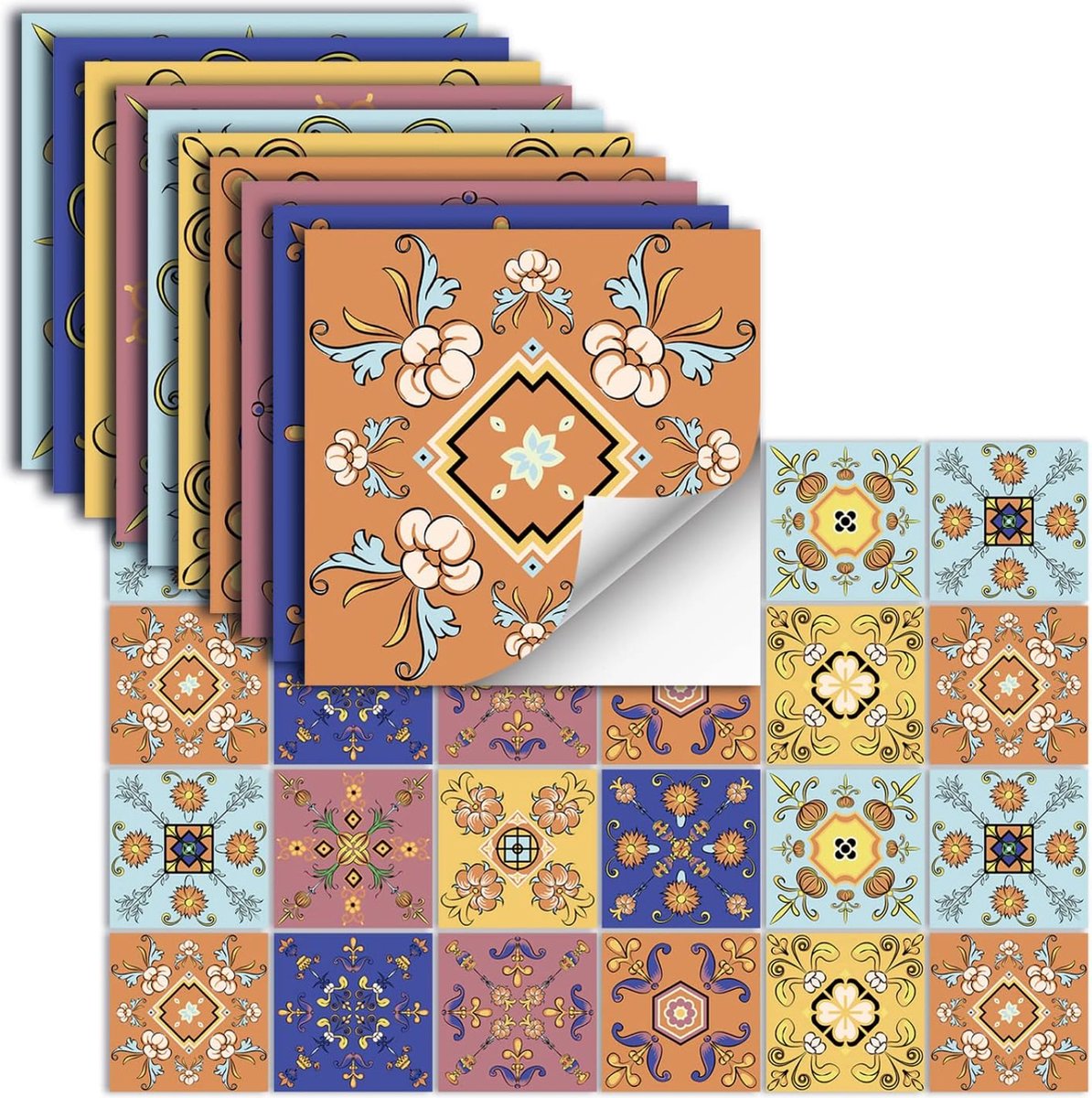 Set 24 Tegelstickers met Kleurrijk Frans Vintage Design - 15x15CM - Zelfklevende Tegels voor badkamer, keuken, meubels - Plaktegels