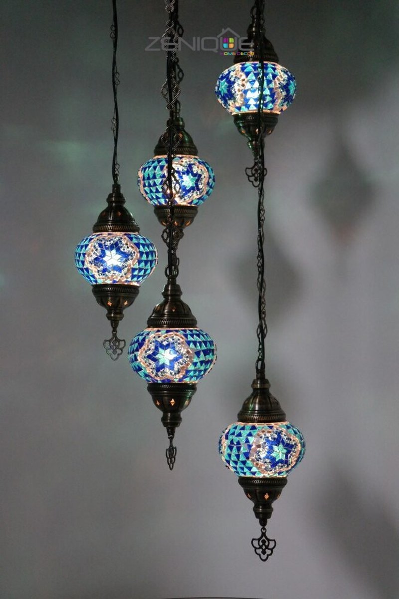 Turkse Lamp - Hanglamp - Mozaïek Lamp - Marokkaanse Lamp - Oosters Lamp - ZENIQUE - Authentiek - Handgemaakt - Kroonluchter - Blauw - 5 bollen