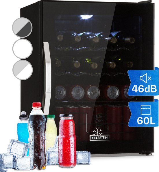 Foto: Klarstein beersafe xl onyx koelkast vrijstaand 60 liter 4 schappen draaiknop met instelbare temperatuur glazen panoramadeur compacte drankkoelkast praktisch zwart frame led verlichting 5 standen zwart