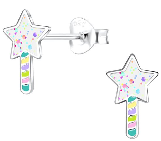 Joy|S - Zilveren ster oorbellen - 6 x 10 mm - multicolor en glittertjes - kinderoorbellen