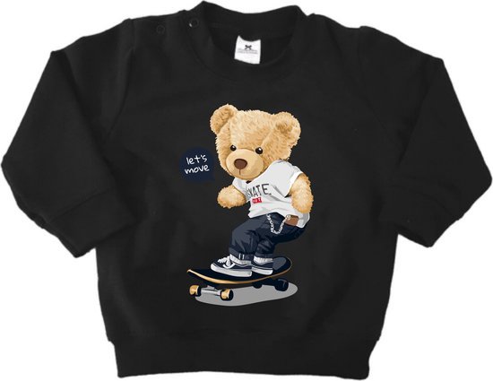 Pull ours sur skateboard - Pull avec imprimé - Zwart - Pull doux et résistant - Taille 134/140