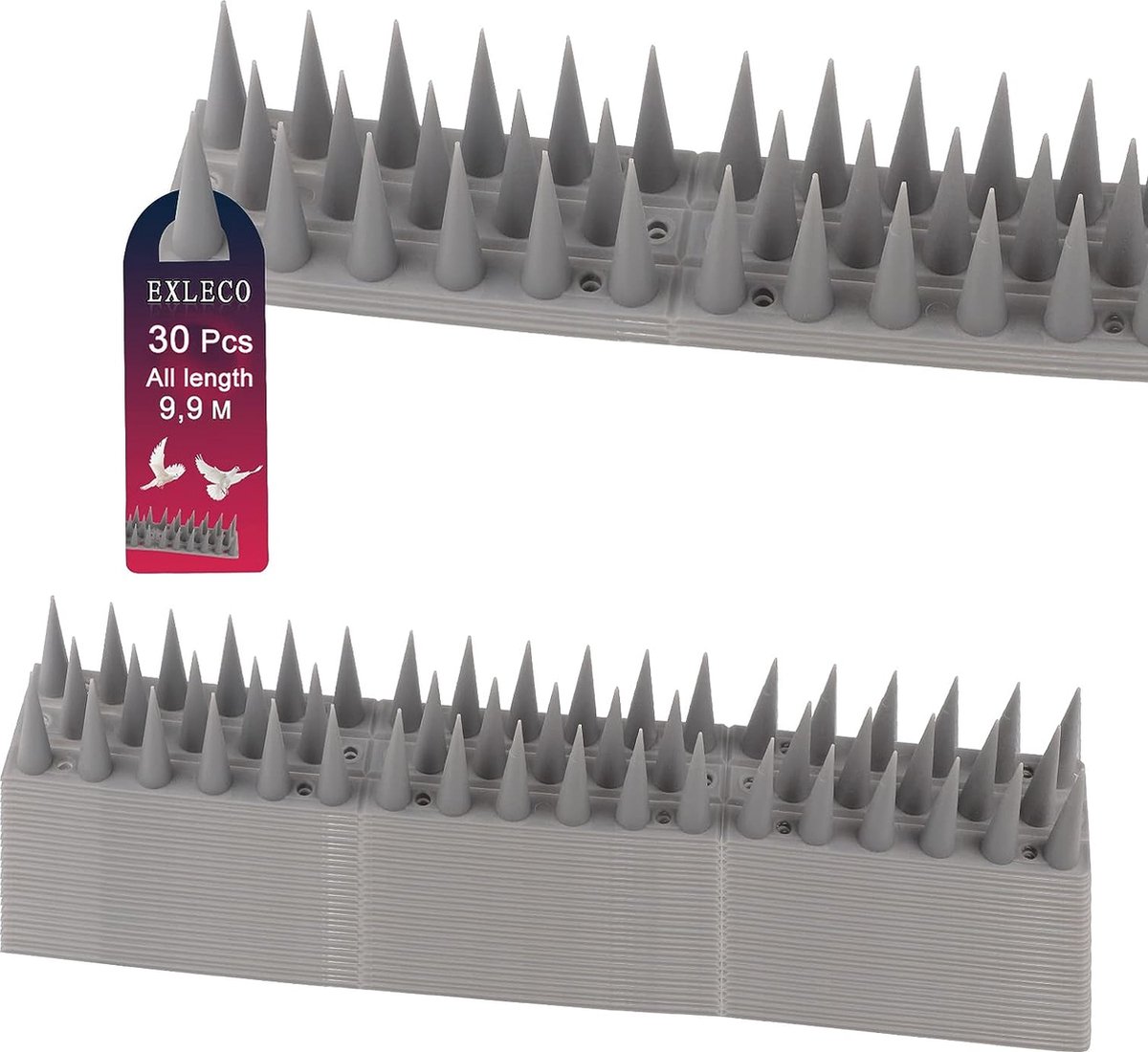 30 stuks vogelafweer van kunststof, 10 meter, 3 rijen, duivenafweer, dierenafweer, langere vogelspikes voor kat, mussen, marters, hek, vensterbank, dak, grijs, 3,5 cm hoog