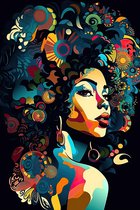 Vrouw met kleurrijke afro - plexiglas schilderij - 60 x 90 cm