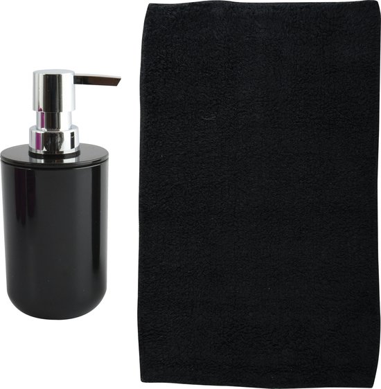MSV badkamer droogloop mat - Napoli - 45 x 70 cm - met bijpassend zeeppompje - zwart