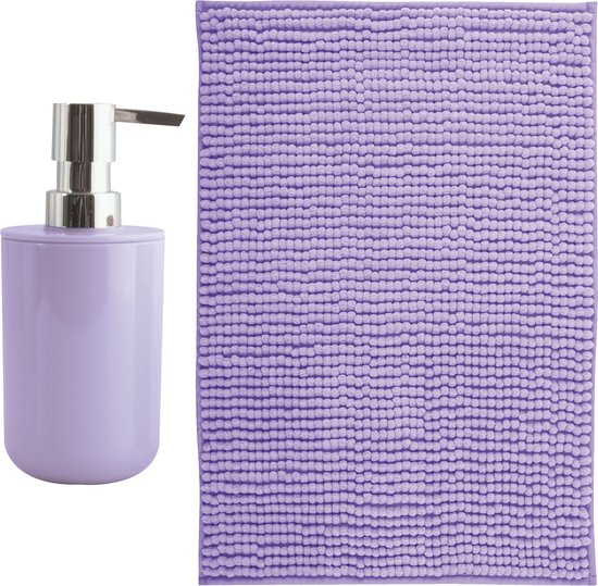 MSV badkamer droogloop mat - Genua - 50 x 80 cm - met bijpassende kleur zeeppompje - lila paars