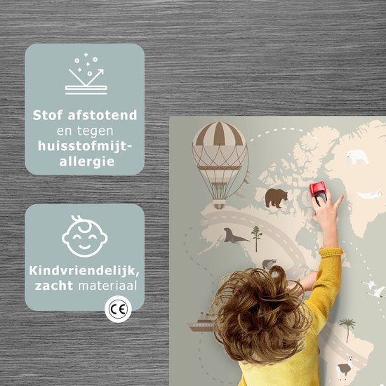 LetsPlaymats® Speelmat baby kinderen - Wereldkaart - Dieren - Vliegtuig - Kind - Luchtballon - Speelkleed van vinyl - Speeltapijt - Antislip - 105x70 cm van LetsPlaymats® — afbeelding 3