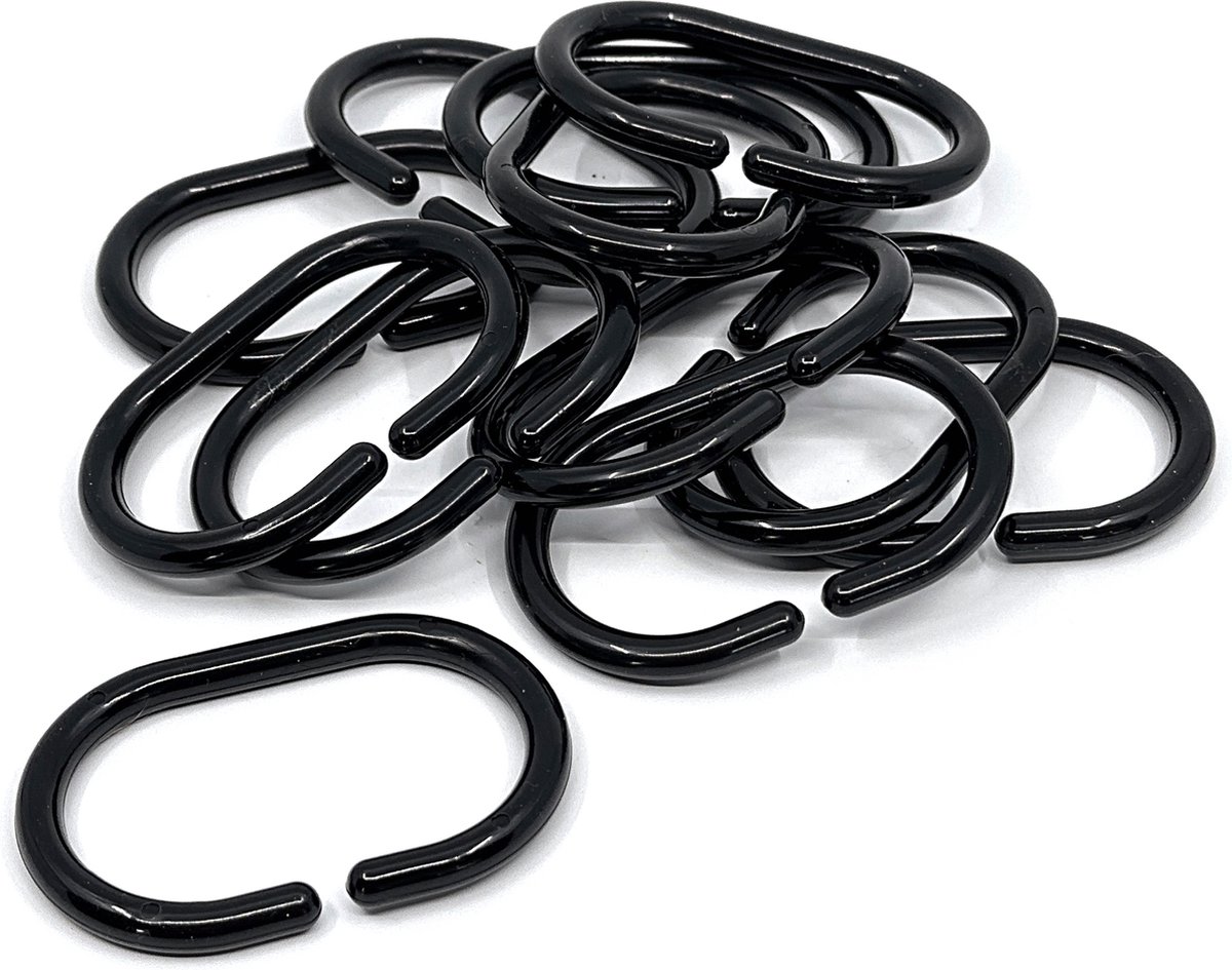 AquaVive douchegordijnringen zwart – Set van 12 – Ovale ringen 29 x 49 mm – Kunststof