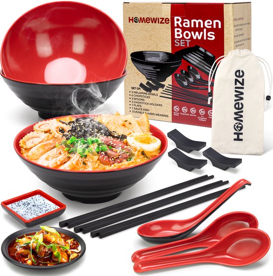 Foto: Homewize ramen bowl 3x set 14 delig noodle kom set met soeplepels eetstokjes sterk vaatwasserbestendig japans melamine servies stijlvolle noodle bowl set voor 3 personen duurzaam cadeau