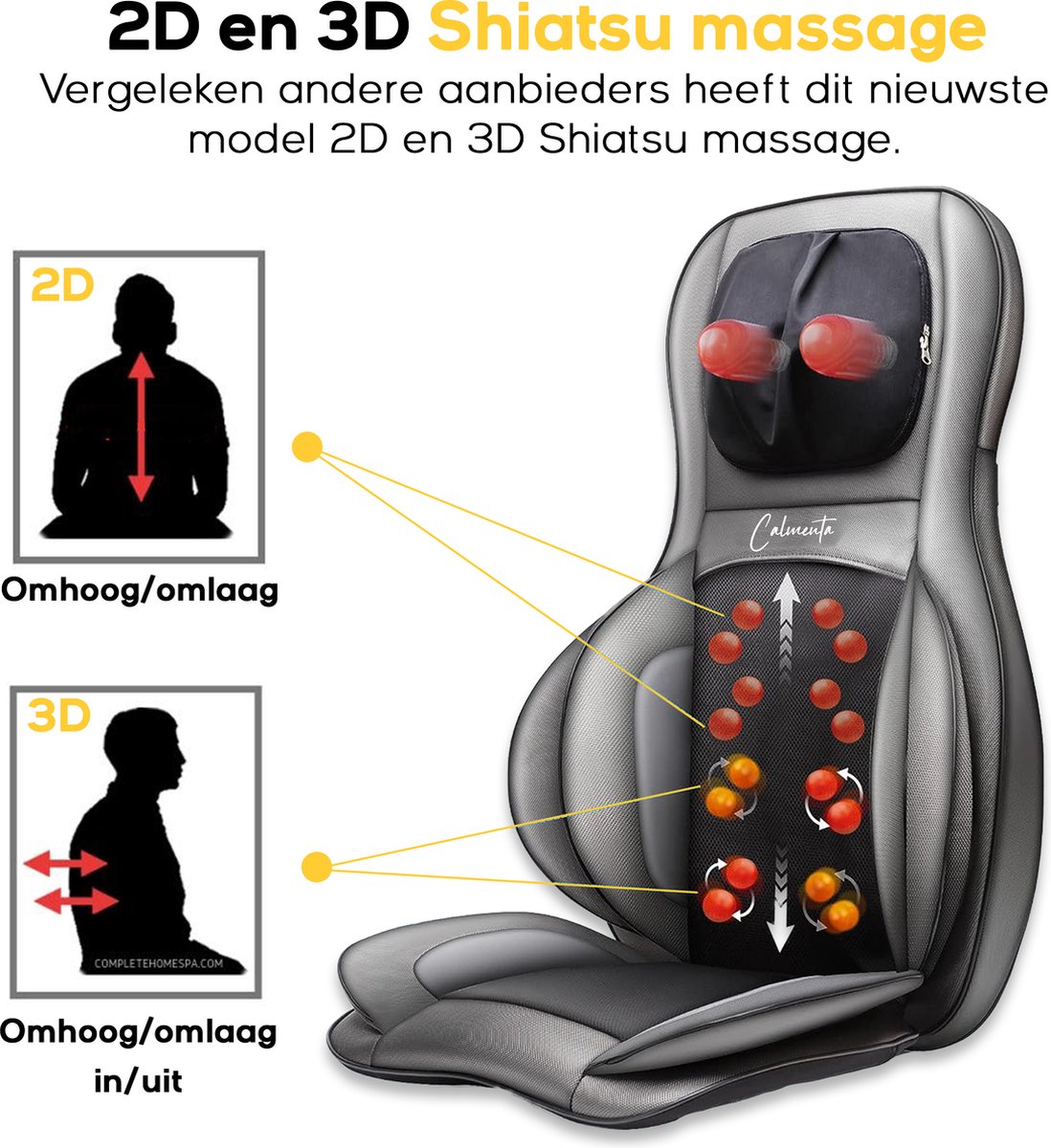 Afbeelding 3 van CALMENTA® Shiatsu Massagestoel – Opbergtas - Rugmassage en Nekmassage apparaat - Massagekussen - Compressiemassage – Elektrisch Warmtefunctie - Vibratie - Rugpijn en Nekpijn - Massagemat