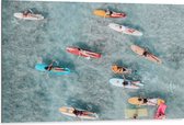Dibond - Bovenaanzicht van Groep Surfers op Verschillende Kleuren Planken - 105x70 cm Foto op Aluminium (Met Ophangsysteem)