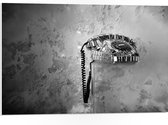 PVC Schuimplaat- Vaste Telefoon tegen Gevlekte Muur (Zwart-wit) - 75x50 cm Foto op PVC Schuimplaat