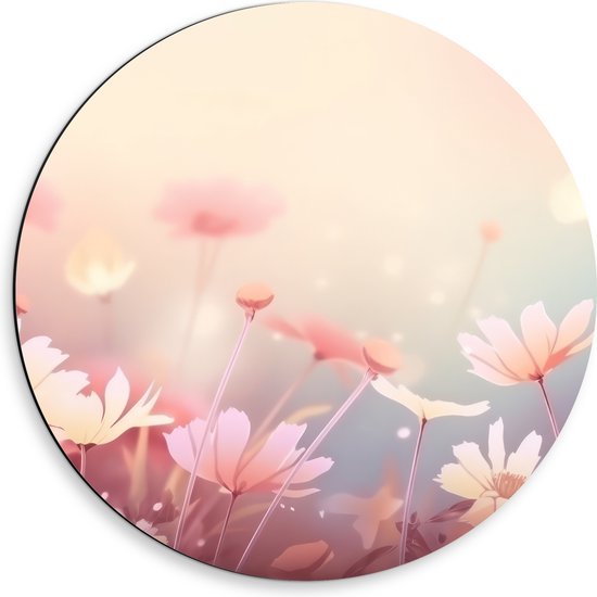 Dibond Muurcirkel - Getekende Licht Roze Bloemen met Wazige Roze Achtergrond - 50x50 cm Foto op Aluminium Muurcirkel (met ophangsysteem)