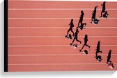 Canvas - Bovenaanzicht van Sprinters met Schaduwen op Atletiekbaan - 60x40 cm Foto op Canvas Schilderij (Wanddecoratie op Canvas)