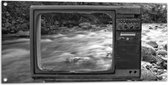 Tuinposter – Oude Vintage Televisie met Doorkijk op Rivier (Zwart-wit) - 100x50 cm Foto op Tuinposter (wanddecoratie voor buiten en binnen)