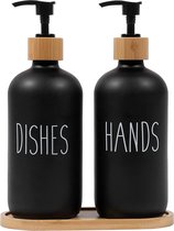 Glazen zeepdispenser, set van 2, shampooflessen om te vullen, pompkop laat zich gemakkelijk indrukken, navulbare vloeibare zeepdispenser voor keuken, badkamer, 475 ml, mat zwart