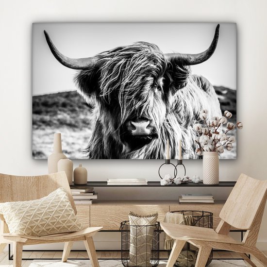 Canvas schilderij - Schotse hooglander zwart wit 120x80 - Kamer decoratie accessoires koe - Dieren schilderijen woonkamer - Wanddecoratie slaapkamer - Muurdecoratie keuken - Wanddoek interieur binnen - Woondecoratie huis - Woonaccessoires