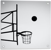 Tuinposter – Bal Vallend in Basket (Zwart-wit) - 50x50 cm Foto op Tuinposter (wanddecoratie voor buiten en binnen)