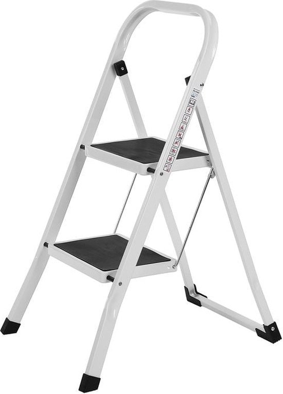 Foto: Rootz trapladder trapladder met 2 treden opvouwbare trapladder draagbare trapladder keukentrap badkamertrap lichtgewicht trapladder staal wit 46 5 x 90 x 4 cm