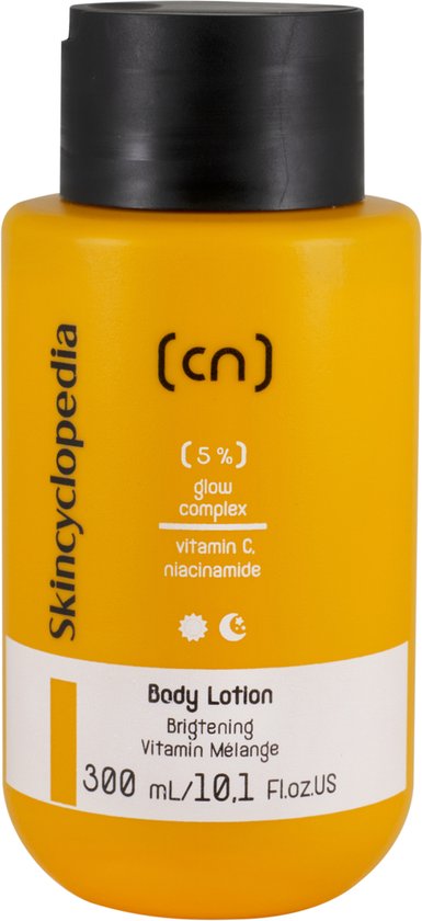 Skincyclopedia | BODY LOTION MET 5% GLOW COMPLEX met VITAMINE C, NIACINAMIDE (VITAMINE B3) en VITAMINE E | helpt bij Doffe en futloze huid, gebrek aan elasticiteit en een ongelijkmatige huidskleur