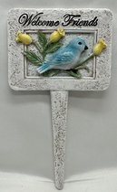 Polyresin deco tuinsteker met dierfiguur "welcome friends" - blauwe vogel - Hoogte 19 x 12 x 1 cm - Woonaccessoires - Woondecoratie - Tuinaccessoires - Tuindecoratie
