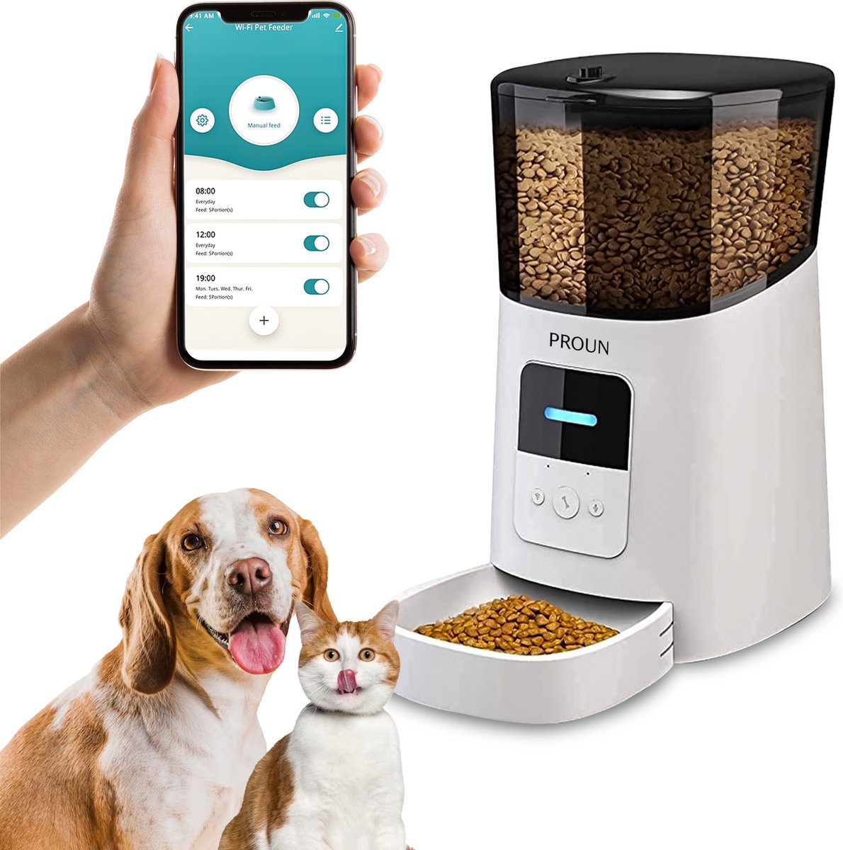 Proun Pet Voerautomaat - Dispenser voor Kat en Hond - Inhoud 6 Liter - met Smartphone besturing - Wit - Voerbak - Proun