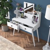 Kaptafel 98x83x40 cm - Make-up tafel met spiegel - 2 lades met tussenschotten - Wit met poef - kruk