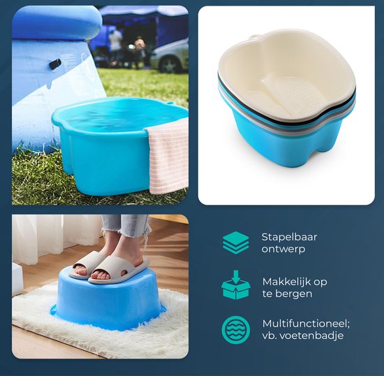 Collage: Blauw voetenbad buiten, gestapelde voetenbaden, en blauw voetenbad met voeten.