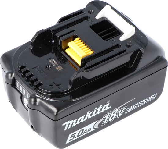 Zwarte Makita 18V 5.0Ah Li-ion accu met witte ontgrendelingsknoppen en gele connector.