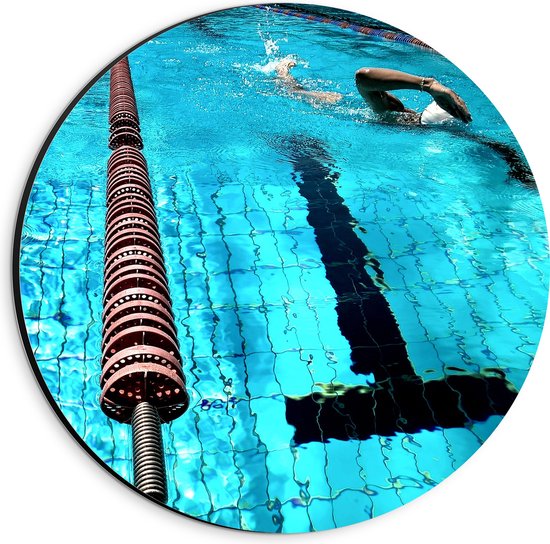 Dibond Muurcirkel - Boeien tussen Zwembanden in Professioneel Zwembad - 20x20 cm Foto op Aluminium Muurcirkel (met ophangsysteem)