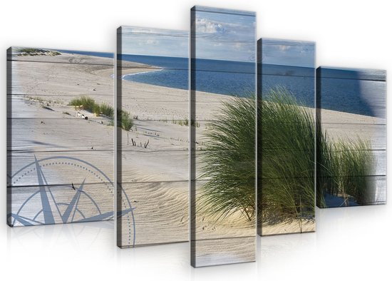 Canvas Schilderij - Duinen - Strand - Hout - Gras - Zee - Oceaan - Water - Wolken - Inclusief Frame - 170x100cm (lxb) - 5 Luiks