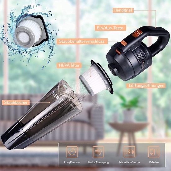 Handstofzuiger - Accu-handstofzuiger - Draadloze Autostofzuiger - Kleine Handstofzuiger - Oplaadbare Mini-Stofzuiger voor Thuis en Auto - 120 Watt - Nat en Droog - Zakloos - Led Licht - Autostofzuiger - Reiniging - Draadlos - Wasbaar