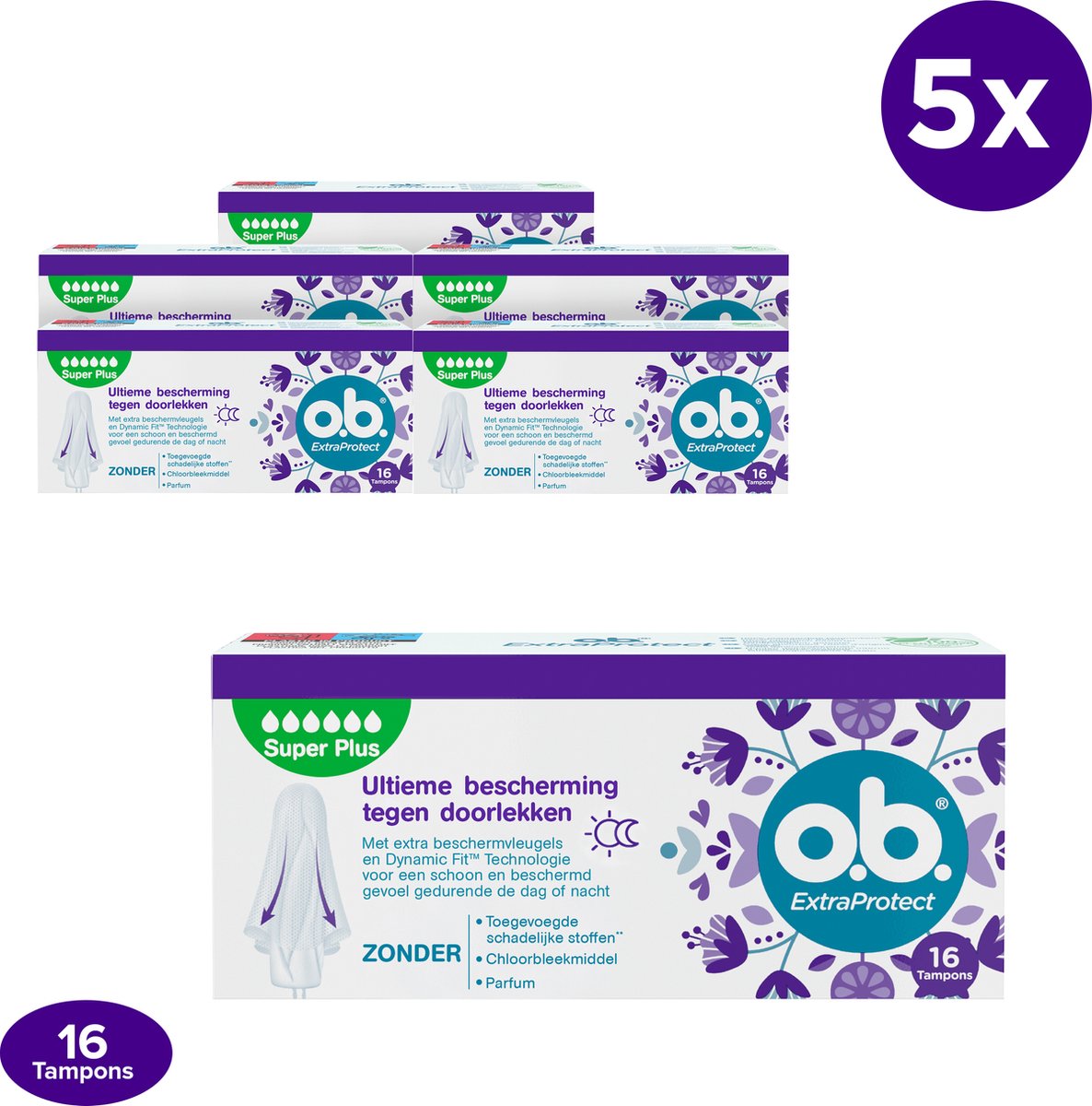 o.b. ExtraProtect Super Plus - tampons - tampon zeer zware menstruatiedagen - 5 x 16 stuks op Prijzenvolger.com