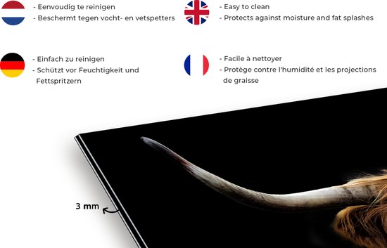 Spatscherm keuken 60x40 cm - Kookplaat achterwand Schotse Hooglander - Horens - Zwart - Dieren - Natuur - Wild - Koe - Muurbeschermer - Spatwand fornuis - Hoogwaardig aluminium - Alternatief voor glazen spatscherm