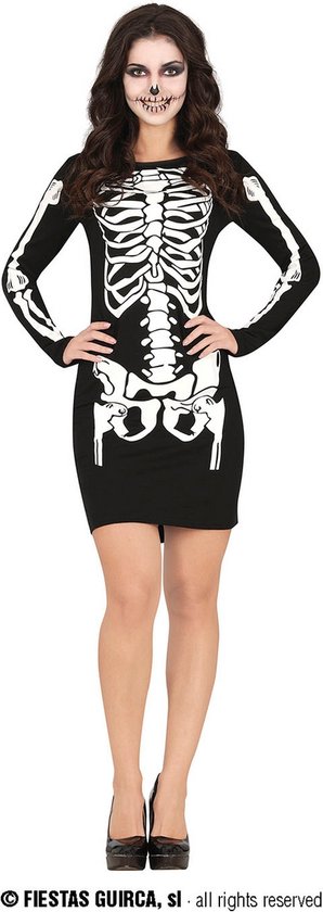 Guirca - Spook & Skelet Kostuum - Lettie Skelet - Vrouw - Zwart / Wit - Maat 36-38 - Halloween - Verkleedkleding