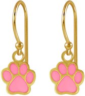 Joy|S - Zilveren kat hond dierenpoot oorbellen - roze - oorhangers - 14k goudplating