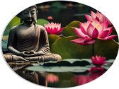 PVC Schuimplaat Ovaal - Buddha - Waterlelies - Bloemen - Bladeren - Water - 96x72 cm Foto op Ovaal (Met Ophangsysteem)