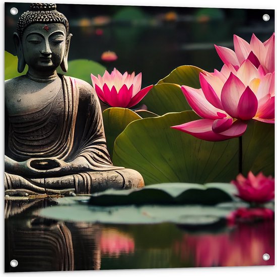 Tuinposter – Buddha - Waterlelies - Bloemen - Bladeren - Water - 80x80 cm Foto op Tuinposter (wanddecoratie voor buiten en binnen)