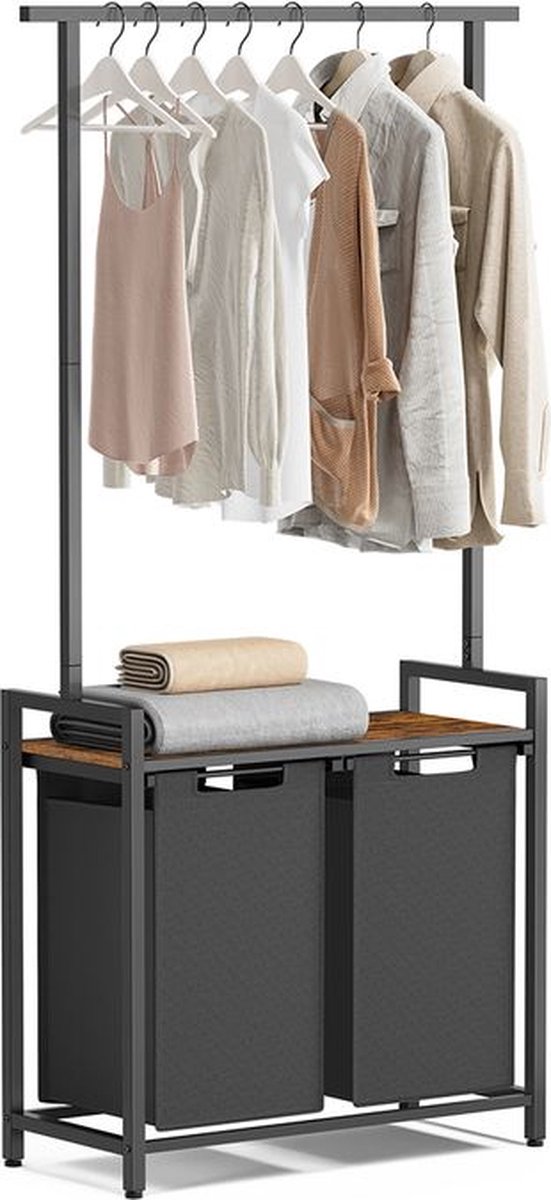 Goedkoopste wasmand 2 x 46 liter met kledingroede en plank 73 x 33 x 177 cm