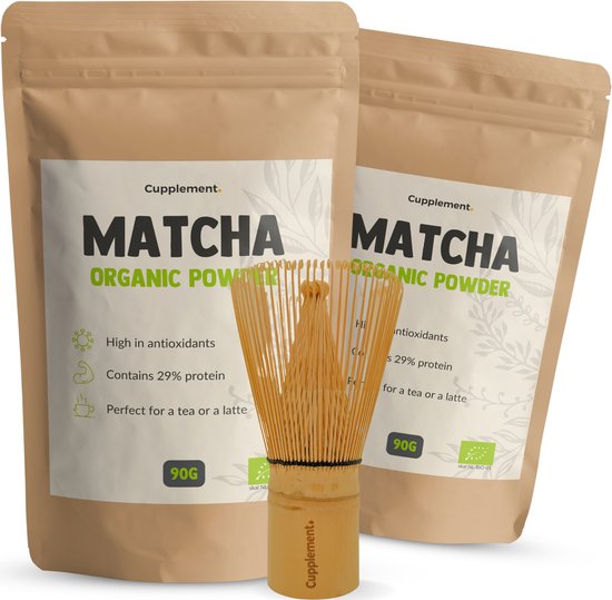 Cupplement - Matcha thee set 3 delig - 2 matcha zakjes 90 gram & 1 Bamboe Whisk - Biologisch - Inclusief Bamboe Klopper - Culunary Thee Poeder - Starter set