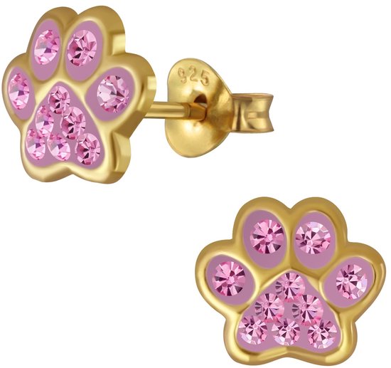 Joy|S - Zilveren kat hond dierenpoot oorbellen - kristal roze - 14k goudplating