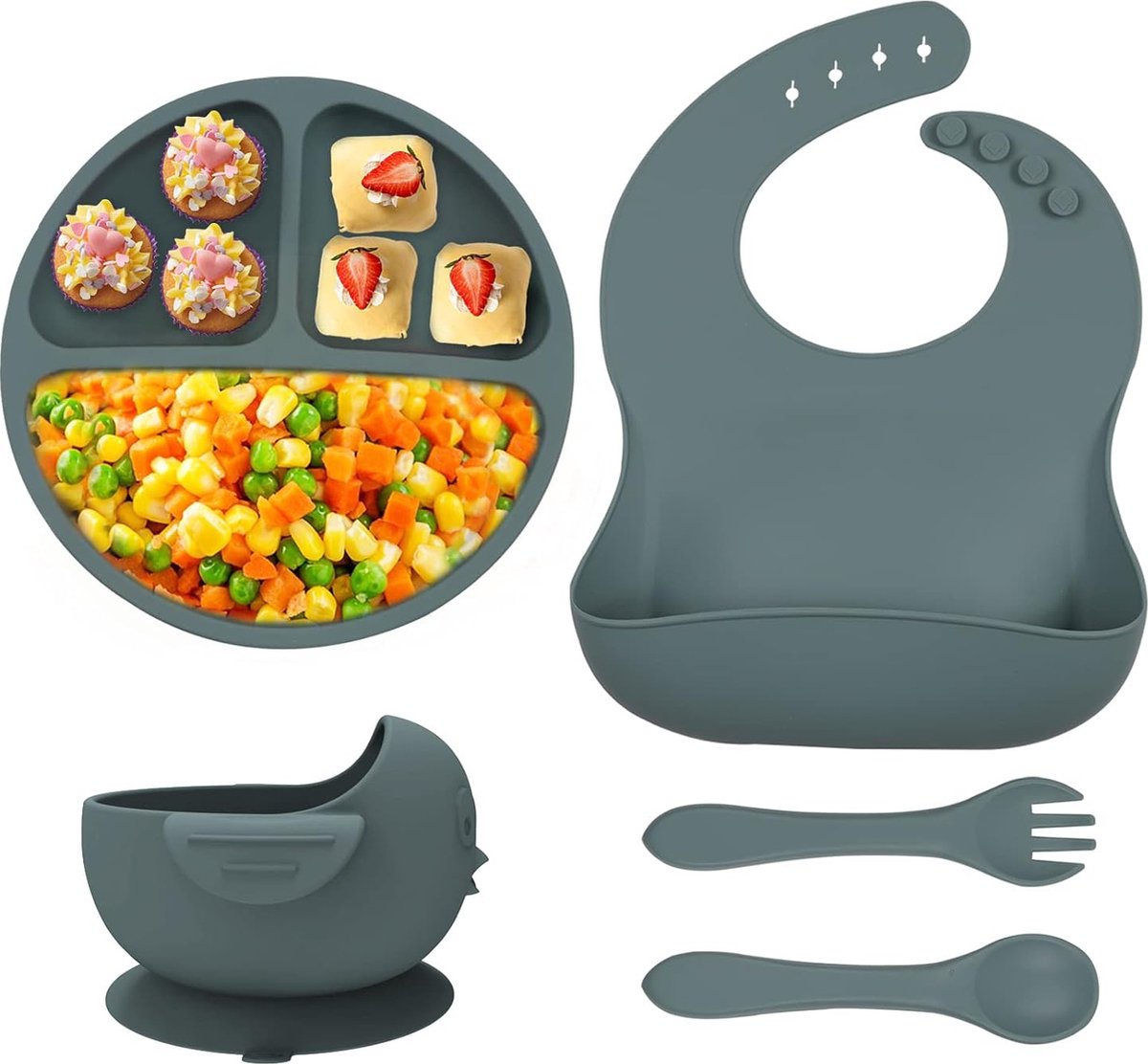 Goedkoopste Babybord Kinderbord met slabbetjesset, siliconen kinderbord met zuignap, babyslab, babybord met vorklepel, peuterslab BPA-vrij, babyservies voor baby's, peuters en kinderen