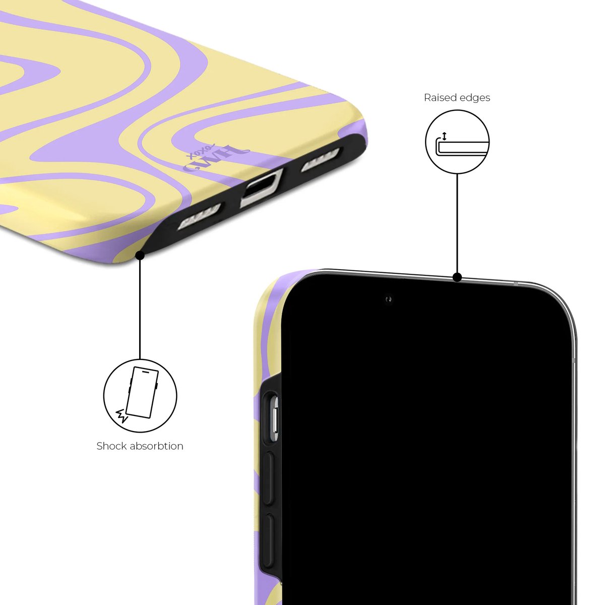 xoxo Wildhearts Sunny Side Up - Double Layer - Hard hoesje geschikt voor iPhone 14 case - Siliconen hoesje iPhone met golven print - Cover geschikt voor iPhone 14 beschermhoesje - geel / paars