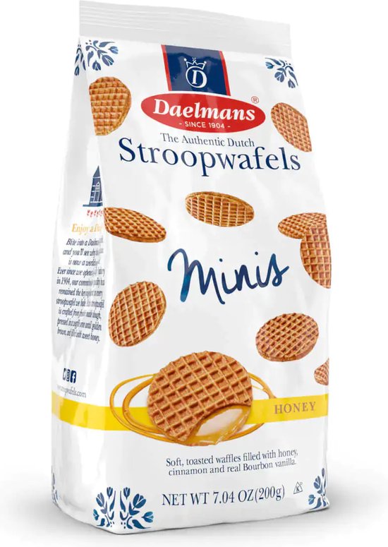 Zak Daelmans Stroopwafels Minis Honing met stroopwafels afgebeeld.