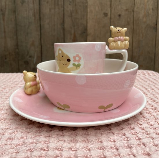 Kinder servies set keramiek - Kinder bord - kinderserviesset - kinderservies set handgemaakt - handbeschilderd - 3-delig - bord & kom & beker - roze