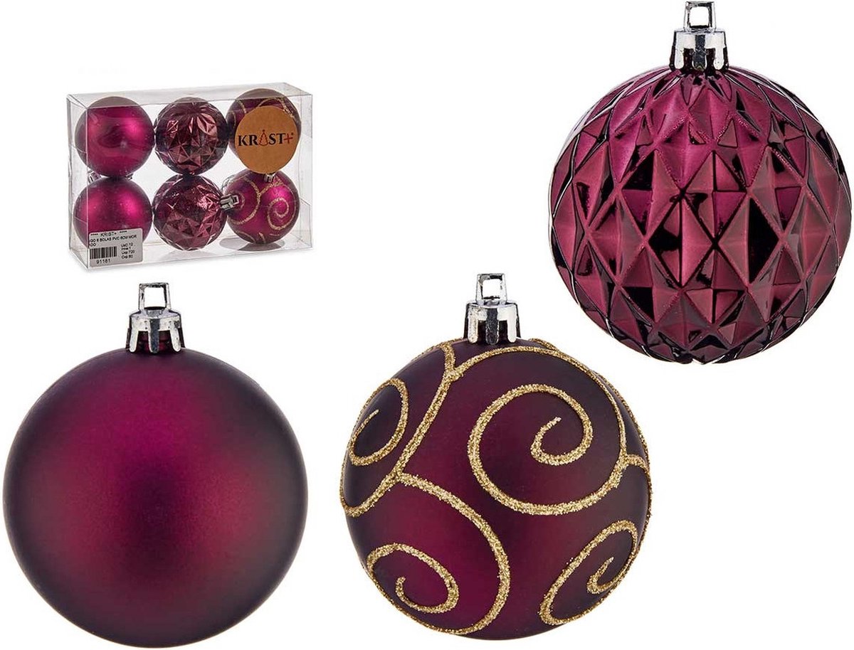 Krist+ gedecoreerde kerstballen -6x st - wijn rood/bordeaux- kunststof - 6 cm