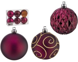 Krist+ gedecoreerde kerstballen -6x st - wijn rood/bordeaux- kunststof - 6 cm